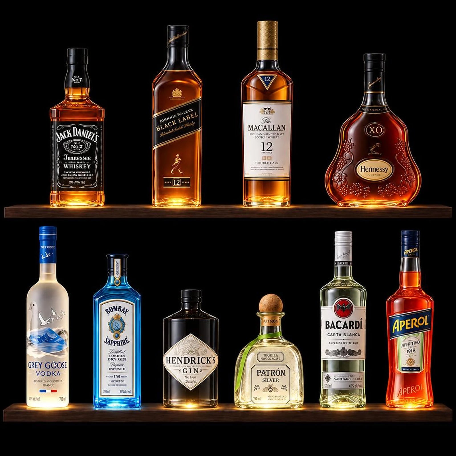 The same bar with every bottle lit from below
