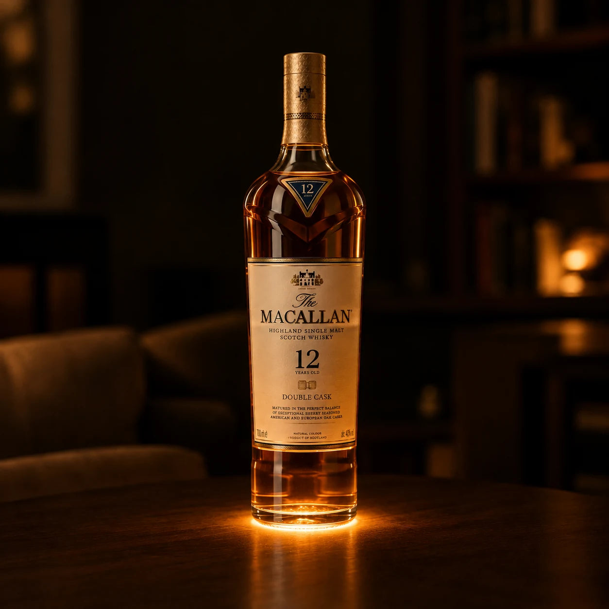 A whisky bottle glowing from under its base