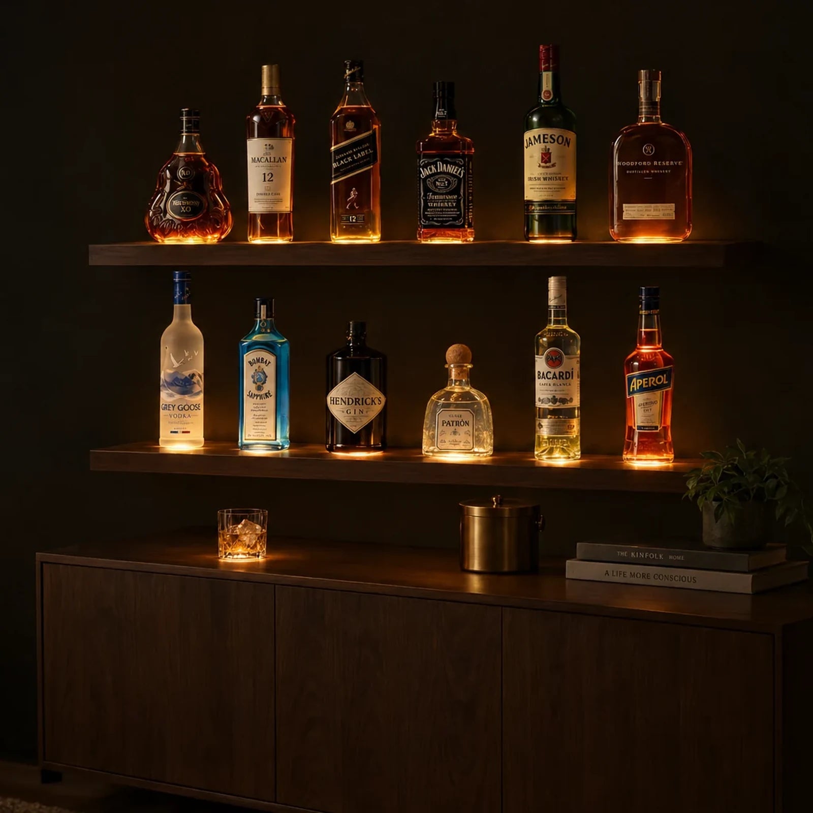 A home bar shelf with every bottle lit from below